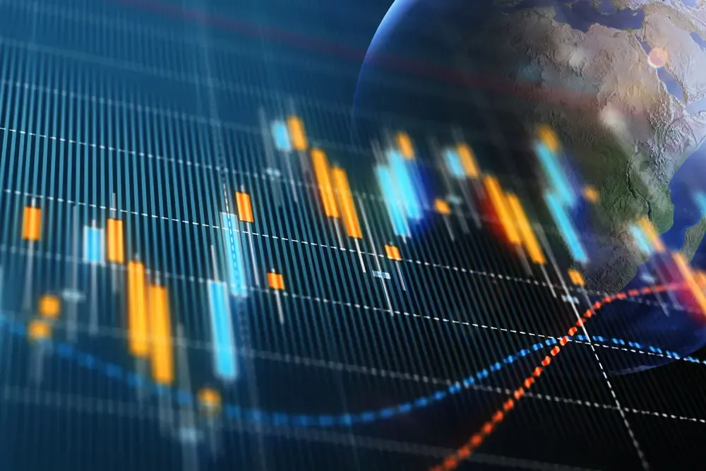 Gráfico financiero que recubre el globo terráqueo